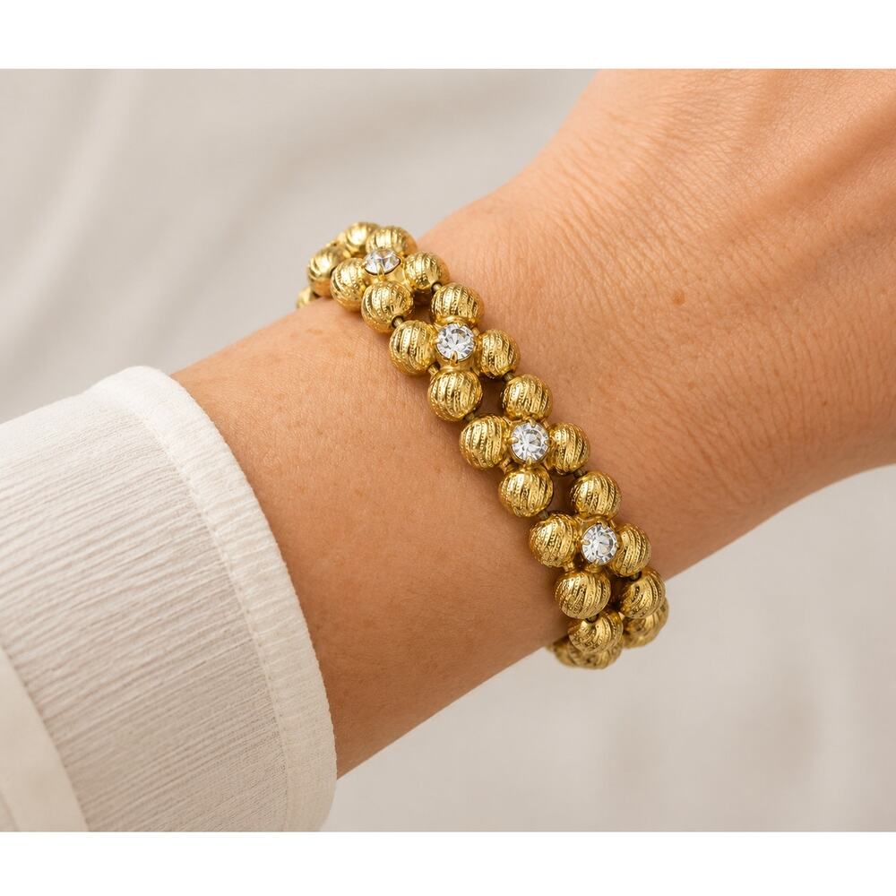 Flower Beaded‎ Link Bracelet Rhinestones- Gold-tone 7.5" Floral jewelry gbr-1